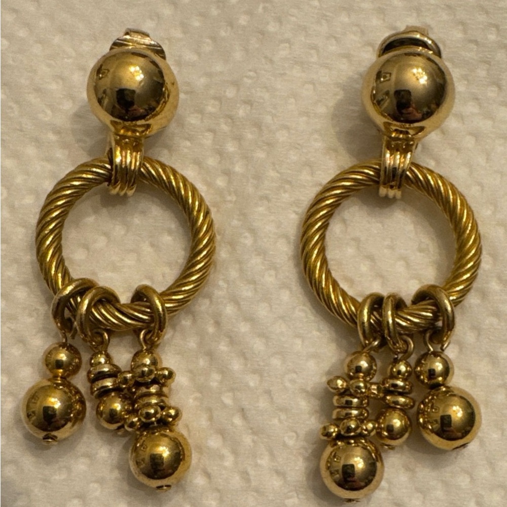 Vtg Christian Dior Gold Earrings Dangle Charms DoorKnocker Clip on Germany 2”